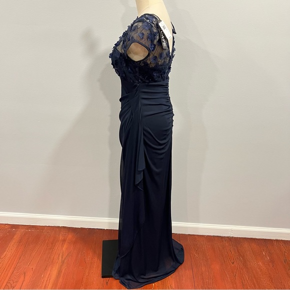 XSCAPE Navy Flower Detailed Draping Side Cap Sleeve Long Formal Sheath Gown - Picture 7 of 12